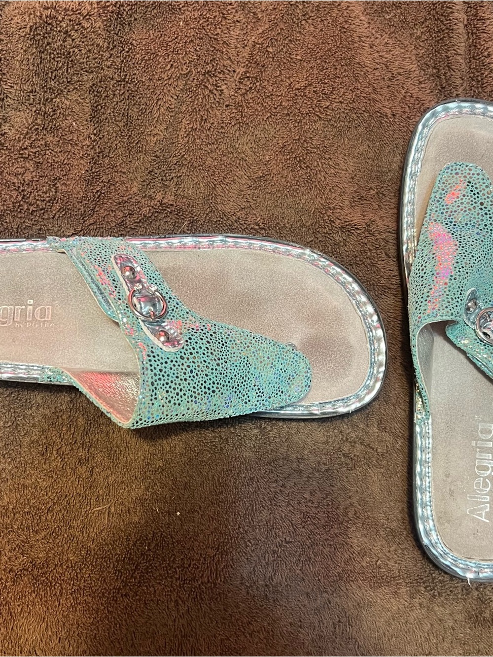 Alegria Teal and Pink Patterned Slide Sandals